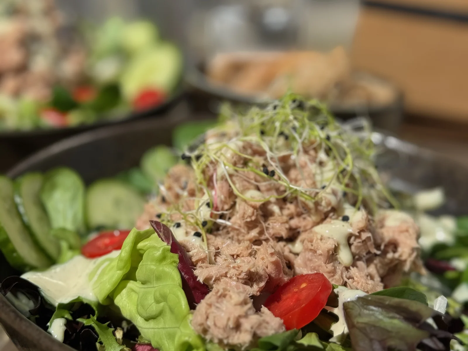 Tuna salad with fresh sprouts, served in the Pförtnerhaus garden